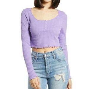 BP Lettuce Trim Long Sleeve Knit Henley Crop Top Lavender Purple sz XL